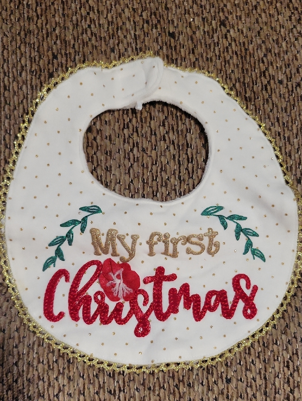 Mud Pie White Gold Red "My First Christmas" Baby Bib